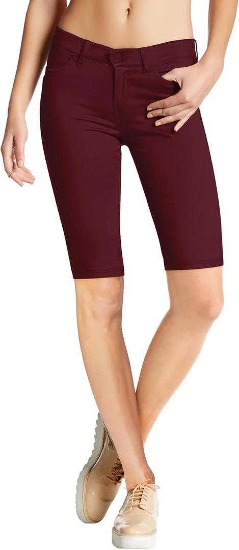 Hybrid & Company Women's Ultra Stretch Perfectly Shaping Mid Rise Skinny Bermuda Shorts with Pockets (Red, M)