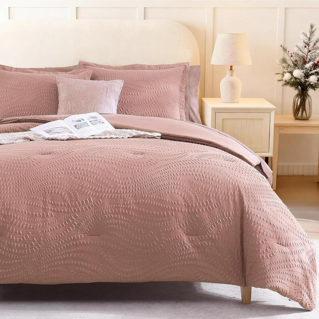 Geniospin Full Size Comforter Set - 7 Pieces Dusty Pink Bedding Set, Botanical Textured Comforter Bed Set, All Season Lightweight Bed in a Bag with Comforter, Sheets, Pillowcases & Shams (Full (80"x90"))