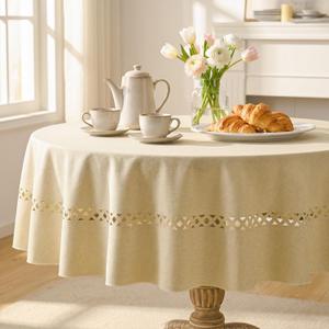 Horaldaily Light Coffee Farmhouse Style Tablecloth with Decorative Cutouts, 6060 Inch Round Polyester Table Cloth, Wrinkle Resistant Washable Table Cover for Dining Wedding and Outdoor