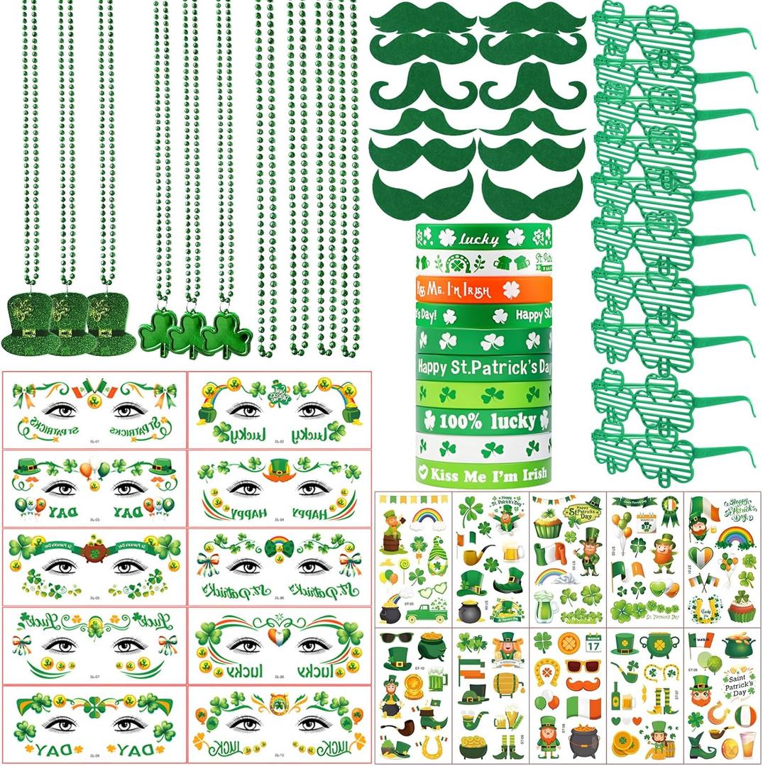62Pcs St. Patrick's Day Accessories Party Favors Set - 10 Shamrock Glasses, 12 Green Beards, 10 Necklaces, Bracelets, Face Stickers & Tattoos - Irish Costume Decorations for Adults Kids Parade