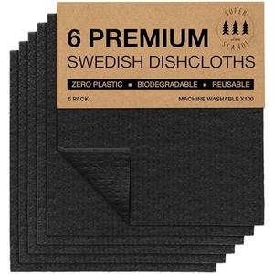 SUPERSCANDI 6 Pack Swedish Dishcloths for Kitchen - 100% Biodegradable & Compostable Reusable Paper Towels Washable, Food-Safe & Without Plastic - Dish Rags Suitable for Any Surface, Black
