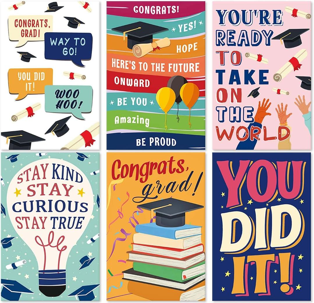 24 Pack Graduation Cards with Envelopes, 6 Colorful Designs Congratulations Gift for Graduates, Funny Graduation Cards for College High School, 4x6in