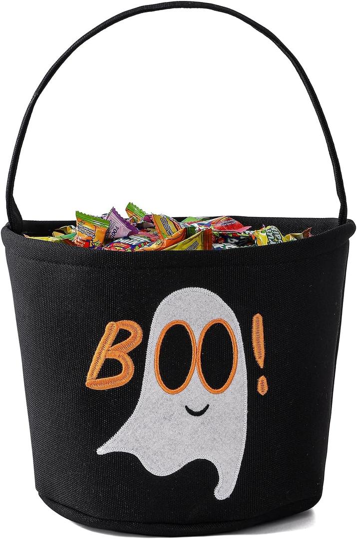 Halloween Bucket Halloween Basket for Kids, Trick or Treat Bags with Embroidery Foldable Candy Buckets Pumpkin Bucket Candies Basket with Handle for Party Decorations, (Black)