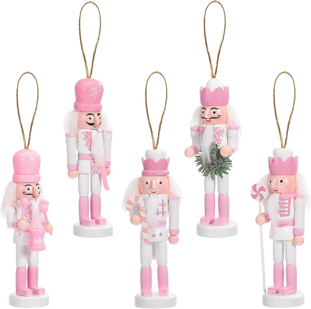 5 PCS Christmas Nutcracker Ornament Set Wooden Nutcrackers Hanging Decoration Nutcracker Figures Christmas Decorations for Xmas Tree, Table Decor, Wall(Pink)