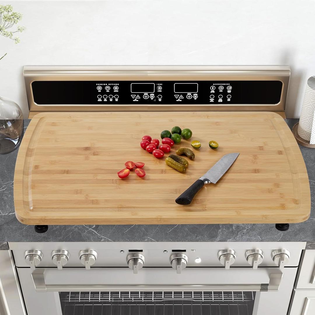 Bamboo Cutting Board, 30"x20" Extra Large Noodle Board with 4 Removable Feet, Juice Groove, Wooden Stove Top Covers for Electric Stove, Gas Burners, Counter Space (Natural - Curved Edge)