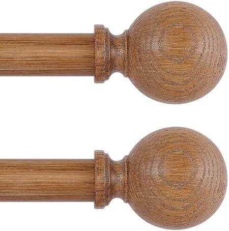 HTZON 2 Pack Brown Wood Grain Ball Adjustable Curtain Rods, 36-88" Heavy Duty, Farmhouse Rustic Window Curtain Rods