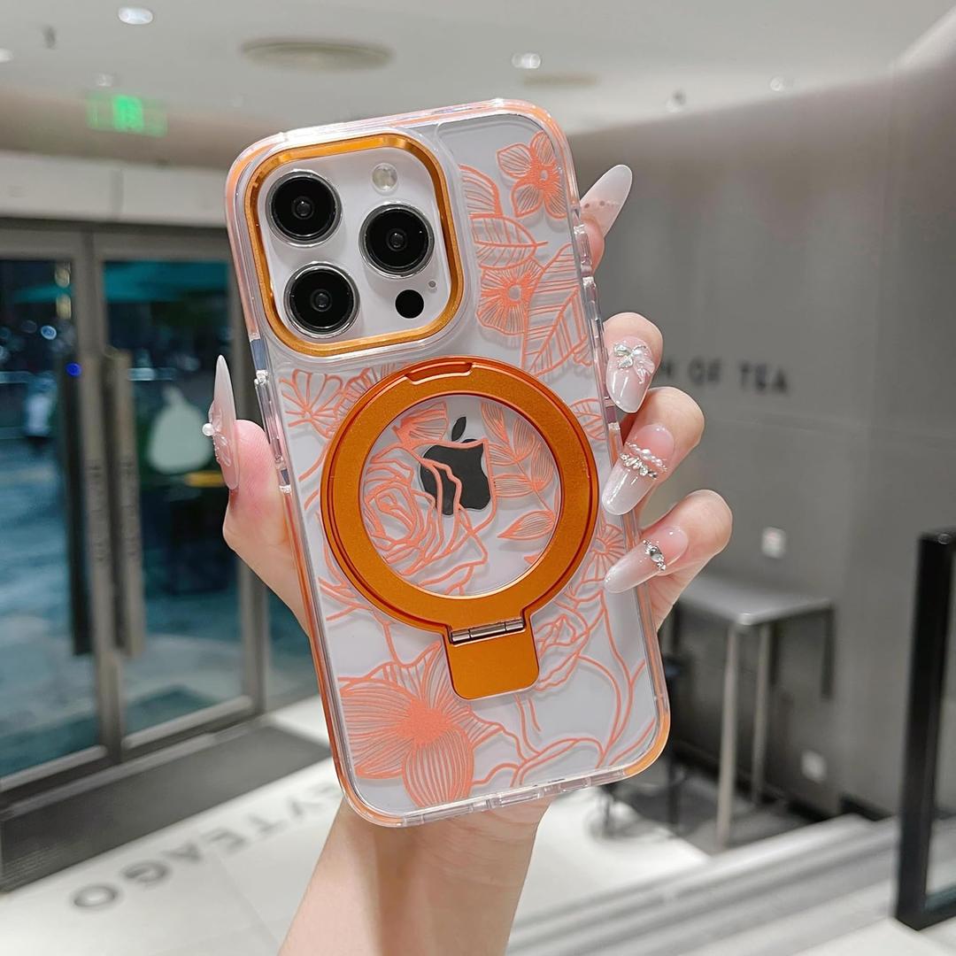XIZYO Magnetic for iPhone 13 Pro Max Case Floral Flower Cute [Compatible with MagSafe] Magnetic Ring Stand Clear Rose Women Girly Kickstand Shookproof Case 6.7 Inch-Orange