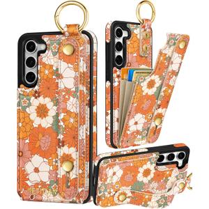 Petitian for Samsung Galaxy S23 Case with Wallet - Women Girls Cute Girly Aesthetic Unique Design Leather Credit Card Holder Cardholder Stand Wristband for S23, Orange Floral