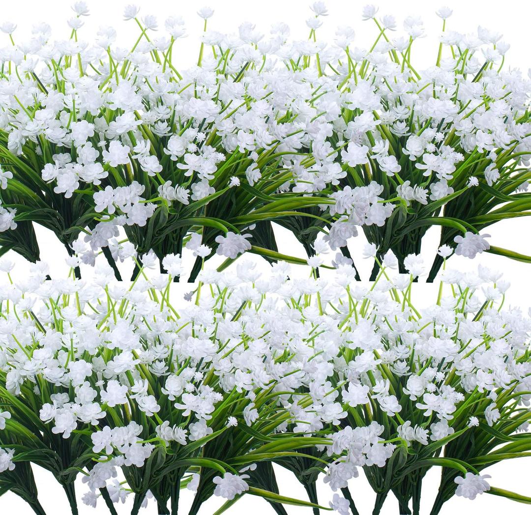 Artificial Flowers, 20 Bundles Outdoor Fake Flowers for Decoration UV Resistant Faux Plastic Plants Garden Porch Window Box Dcor (White)