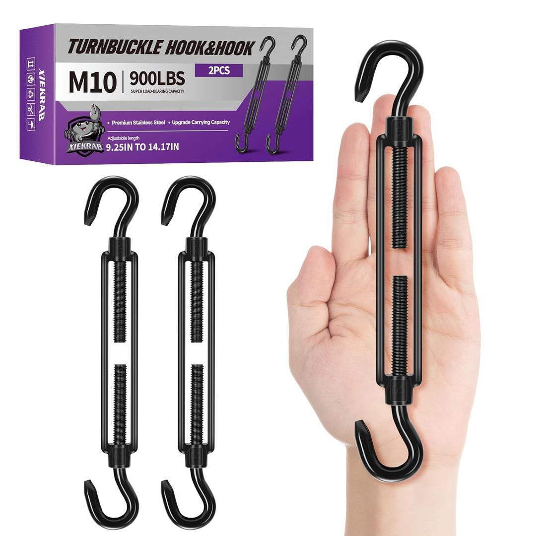 2Pcs M10 304 Stainless Steel Hook & Turnbuckle Hook, 900lbs Capacity Heavy Duty Black Turnbuckles for Wire Rope Tension, Sun Shade Tent Hardware, Shade Sail Installation.