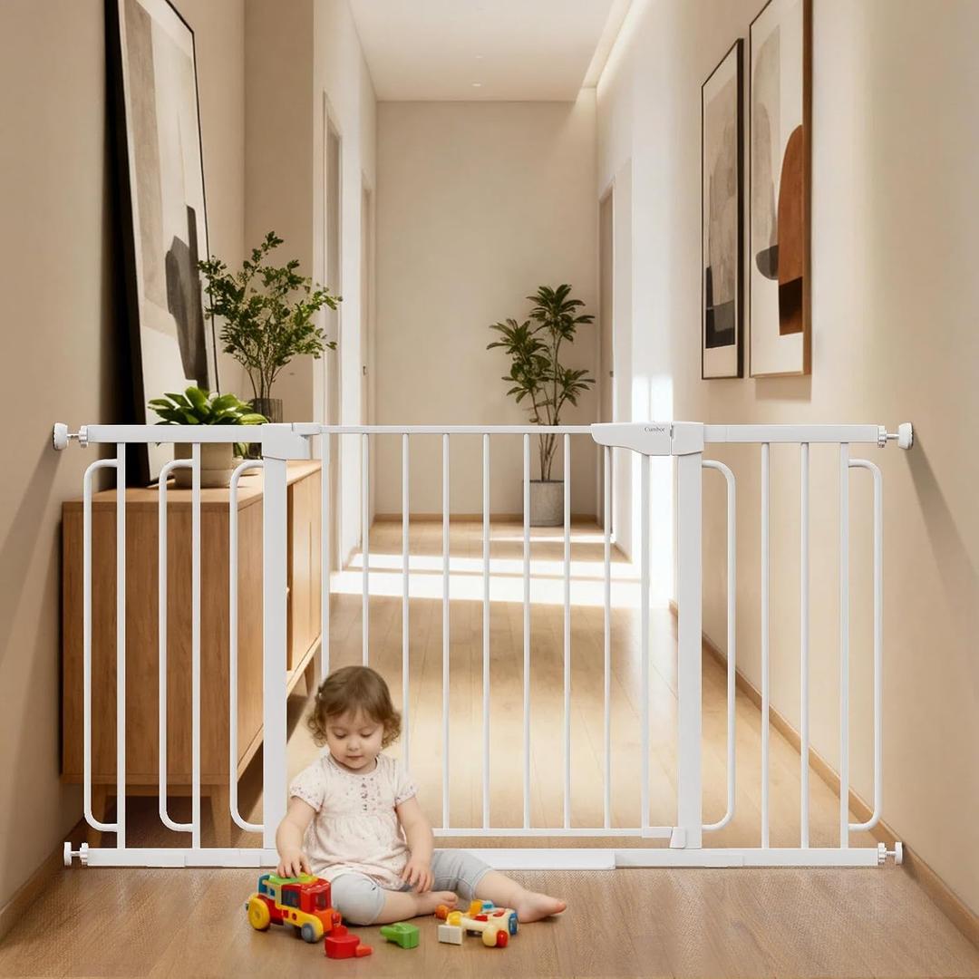 Cumbor 36.6-59" Extra Wide Baby Gate for Stairs, Pressure Mounted Dog Gate for Doorways, Auto-Close Easy Walk Through Safety Child Gate for Kids Toddler, Tall Pet Gates Indoor, White