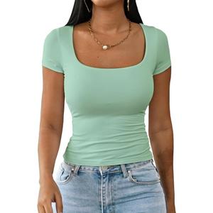 Dwnval Womens Sexy Short Sleeve Square Neck Tops Double Lined Basic Slim Fit Crop T Shirt 2025 Summer (XX-Large, 2# Sage Green)