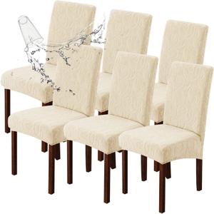 Genina Waterproof Dining Room Chair Covers Stretch Parsons Chair Slipcovers for Dining Room Kitchen Chair Protector Cover, Removable, Washable (6, Flower Pattern-Beige)