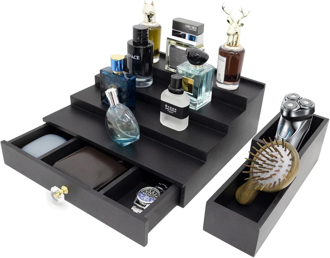 4 Tier Wood Cologne Organizer Stand for Men Wooden Black Perfume Shelf Fragrance Display Risers with Drawer Hidden Compartment Cologne Holder Wood Dresser