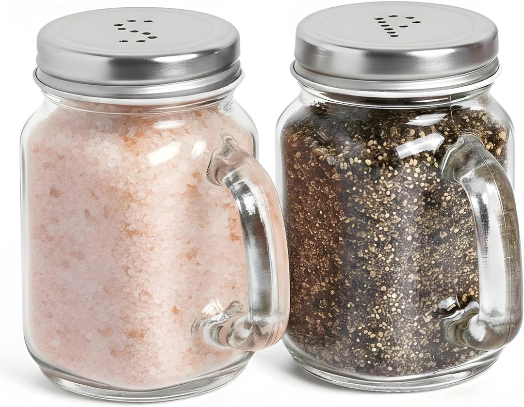 Mason Jar Salt and Pepper Shakers  Vintage Glass Condiment Dispenser Set with aluminum Lids, 4 oz Refillable Farmhouse Kitchen Decor (2 Pack)
