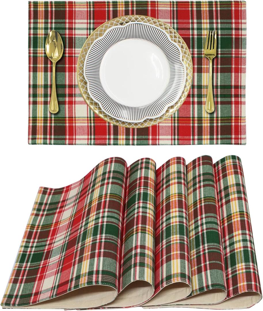 COTTON CRAFT Christmas Plaid Placemats - Set of 6 Table Mats - Pure Cotton Reusable Washable Farmhouse Kitchen Dcor - Everyday Thanksgiving Xmas Party Holiday Table Placemat  13x19  Red Green Ivory