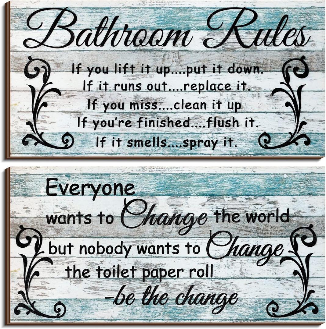 Jetec 2 Pieces Funny Bathroom Signs Bathroom Wall Decor Toilet Wall Accessories Farmhouse Toilet Rustic Wooden Signs, 12x6 Inch(Chic Style)