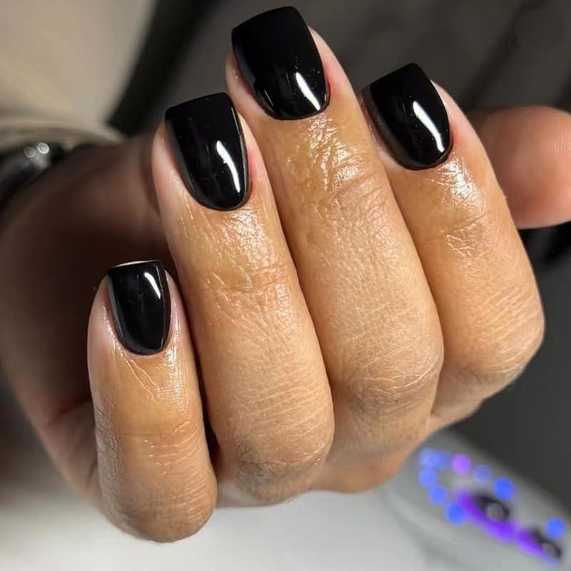Square Press On Nails Short Blue False Nails with Solid Color Design Summer Acrylic Full Cover Glossy Glue On Stick On Nails for Women Reusable Manicure 24pcs