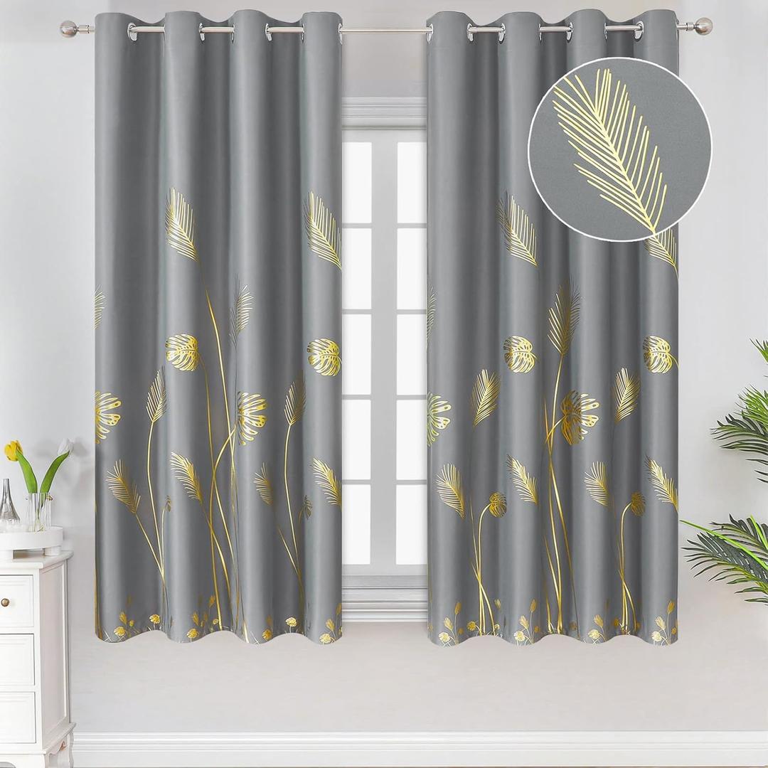 Estelar Textiler Gold Palm Leaf and Wheat Unique Design Pattern Blackout Curtains Energy Saving Curtains Thermal Insulated Window Curtains for Bedroom, Grey, 52Wx63L, 2 Panels