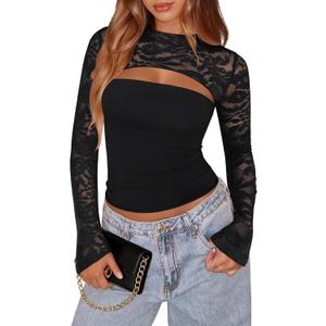 Women's Lace Long Sleeve Going Out Tops Sexy Y2K Crew Neck Cutout Double Lined Slim Night Out Shirts (Black, L)