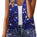 ZXZY Womens Sequin Fringe Sleeveless Vest Sparkly Lightweight Fitted Jacket Cardigan (Blue, L)