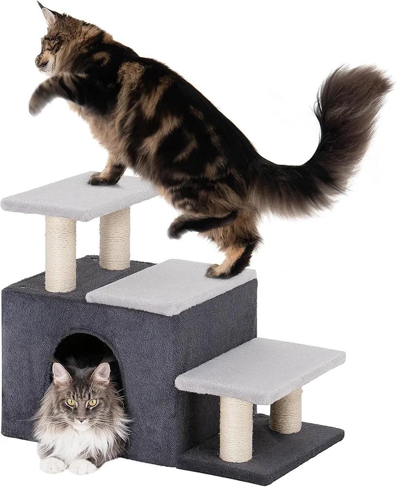 3-in-1 Pet Stairs for Cats, Dog Steps for Small Doggie,7.8'' Depth Cat Stairs, Indoor Cat Steps for High Bed for Pet's Joints, Soft Plush, 1 Big Cat Condo Cave, Sisal Scratching Posts, Grey, Large