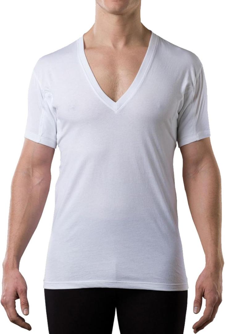 Men's Sweatproof Undershirt - Cotton Deep V Neck - Original Fit - with Sweat Pads (White) S