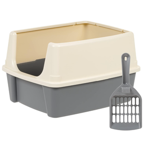 Amazon Basics Large Cat Litter Box with High Sides, Open Top for Easy Access, Includes Scoop with Storage, 19" x 15" x 11.75", Grey/Beige