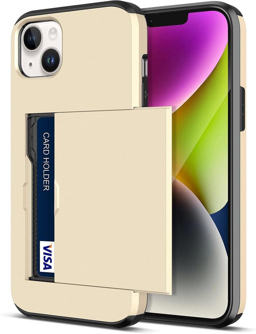 Jiunai for iPhone 14 Case Card Holder Wallet CC IDs License Access Card Slot Minimalist Dual Layer Hybrid Bumper Anti Scratch Protective Pocket Phone Cases for iPhone 14 6.1'' 5G 2022 Men Women Gold