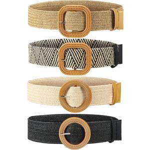 WILLBOND 4 Pcs Women's Elastic Raffia Woven Belt, Boho Rattan Buckle Stretch Straw Wide Waist Belt for Dresses Jeans Pants