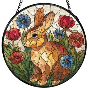 Easter Bunny Flower Stained Glass Window Hanging, Bunny Rabbit Floral Sun Catchers Indoor Window Round Glass Wall Art Decor, Easter Rabbit Suncatcher Wall Hanging Decorations, 7.9x7.9 inch