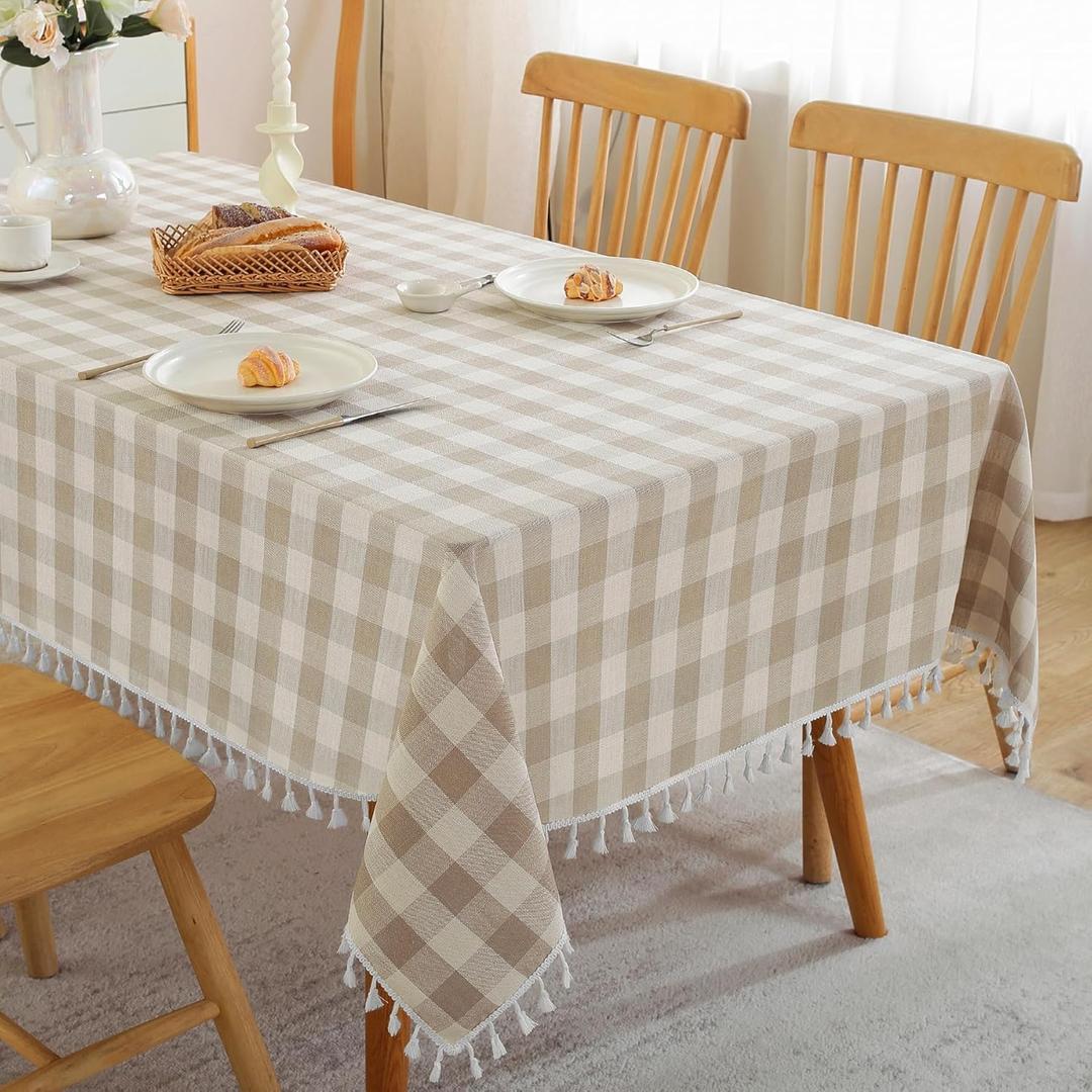 JIALE Checkered Table Cloth Rectangle Cotton Linen Fabric Gingham Tablecloth with Tassel Washable Wrinkle Free Buffalo Plaid Table Cover for Spring Picnic Kitchen Dining, Beige and White, 55x120''