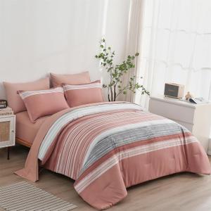 KAKIJUMN Striped Comforter Set King Size, 7 Piece Bed in a Bag, Blush Pink