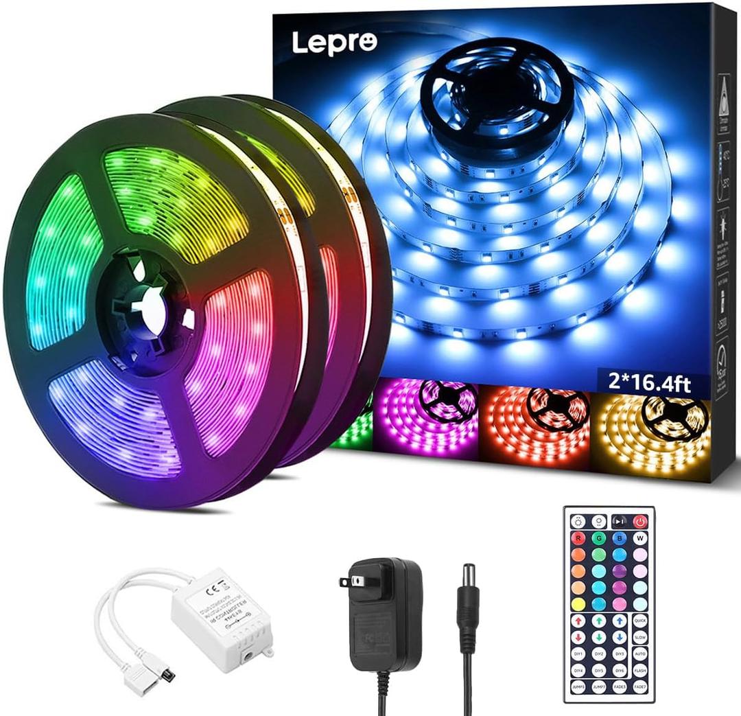 Lepro RGB LED Light Strips 32.8ft, Christmas Decorations, 5050 LED Color Changing Tape Light with 44 Key Remote and 12V Power Supply for Bedroom, TV Backlight, Kitchen, Bar