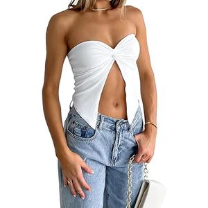 Women Sexy Strapless Y2k Tube Top with Twist Knot Front Cute Summer Going Out Tops, White, Size M