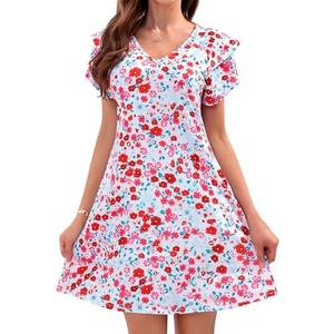 Summer Dresses for Women 2025 Beach Casual Sundress Floral V Neck A-line Dress Short Ruffle Sleeve Boho Dresses with Pockets Size S