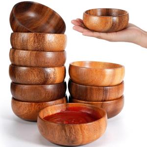 Skylety 10 Pcs Acacia Wooden Bowls Small Calabash Bowls Round Wood Salad Hand Carved Calabash Dip Tray for Serving Popcorn Pasta Candy Cereal Coconut Nuts Sauce Appetizers Kitchen (4 Inch)