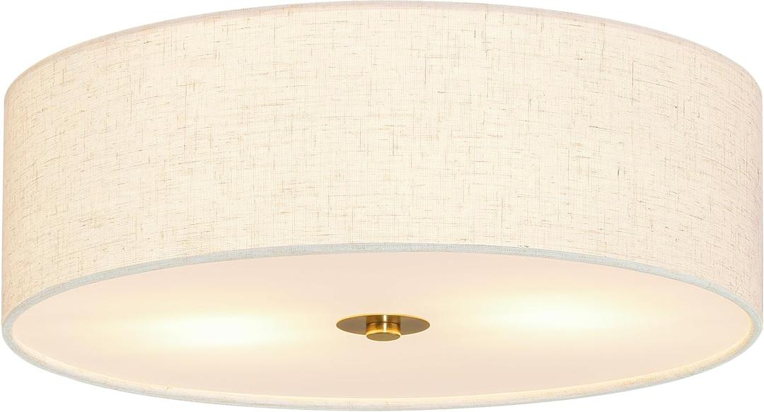 Bagood 12.6 Inch Flush Mount Ceiling Light Gold Ceiling Fixture 2-Light Drum Modern Lights Close to Lights Fixture with Fabric Shade for Living Room Hallway Entryway Bedroom