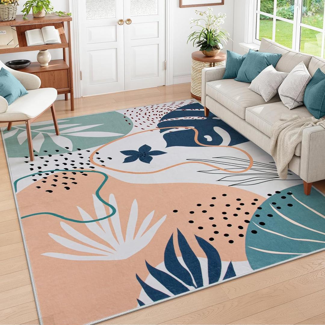 Lahome Washable Area Rug 5x7 - Non-Slip Soft Carpet for Bedroom Ultra-Thin Stain Resistant Rug for Living Room Throw Cute Kids Nursery Rug, Boho Botanical Print Indoor Rugs for Entryway Office (Lightgreen)