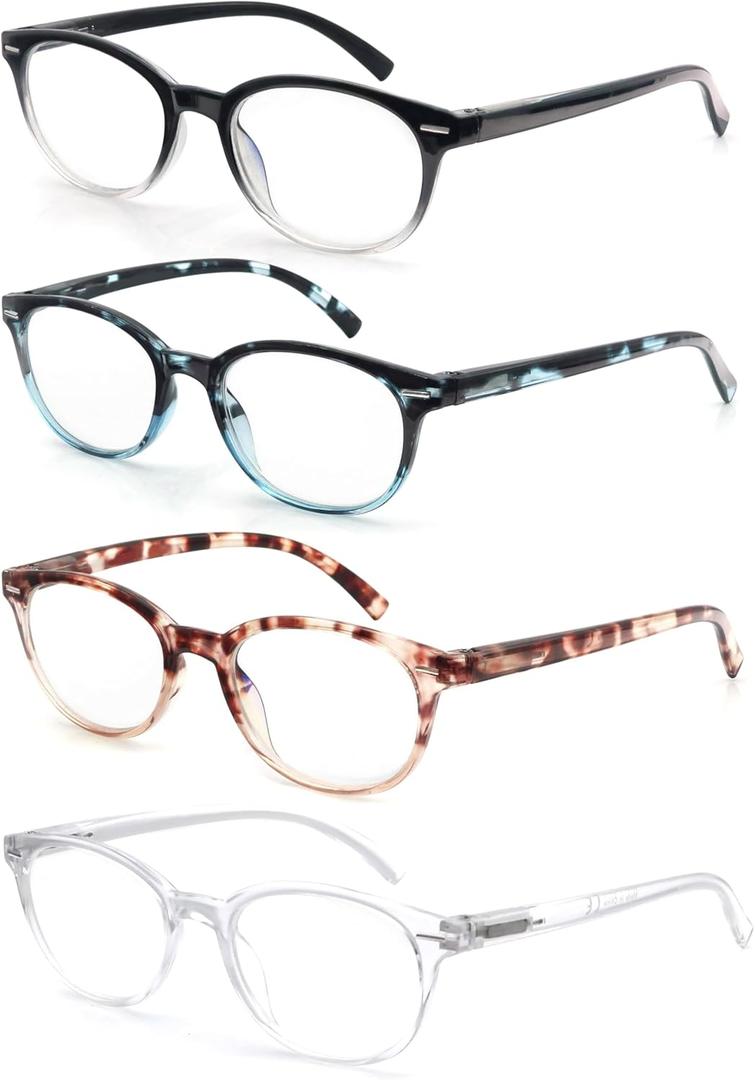 Reading Glasses Women Blue Light Blocking Ladies Round Readers +0.50 Circular Magnifying Blue Ray Cheaters for Small Head/Face 4 Pack Black/Clear/Tortoise Shell