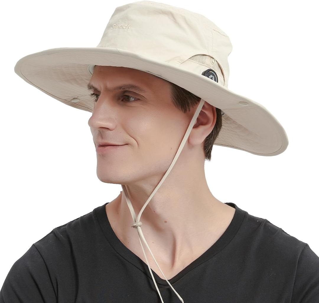 Sireck Men Fishing Hat, Adjust Rotating Buckle Sun Hat, Wide Brim UPF 50+ UV Protection Summer Safari Hat,Bucket Hiking Hat (Beige)