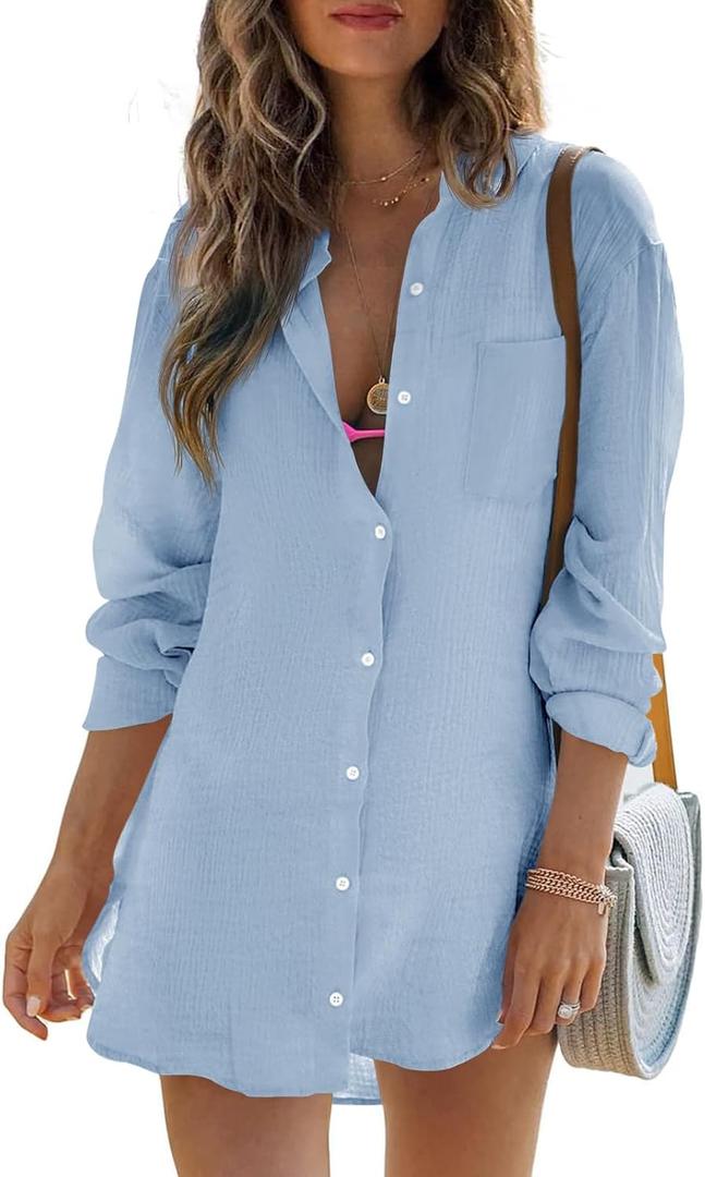 Womens Beach Cover Up Long Sleeve Button Down Swimsuit Bikini Coverup Shirt (Blue, L)
