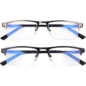 Blue Light Blocking Glasses, Lightweight Metal Half Frame Computer Reading/Gaming/TV/Phones Glasses, Filter UV Ray/Computer Glare with Spring Hinge Eyeglasses(Black+Gray)