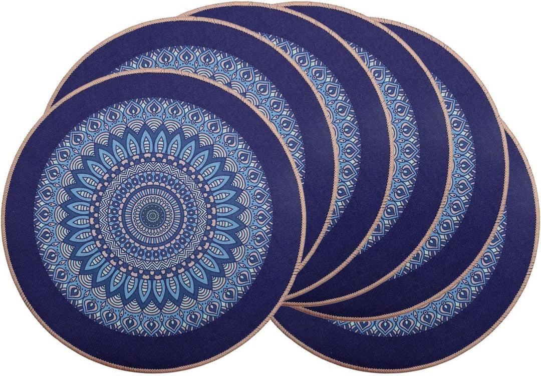 PIGCHCY Round Boho Placemats Set of 6, Rubber Heat Resistant Table Mats, Waterproof Washable Placemat for Dining Table Decoration (Deep Blue)