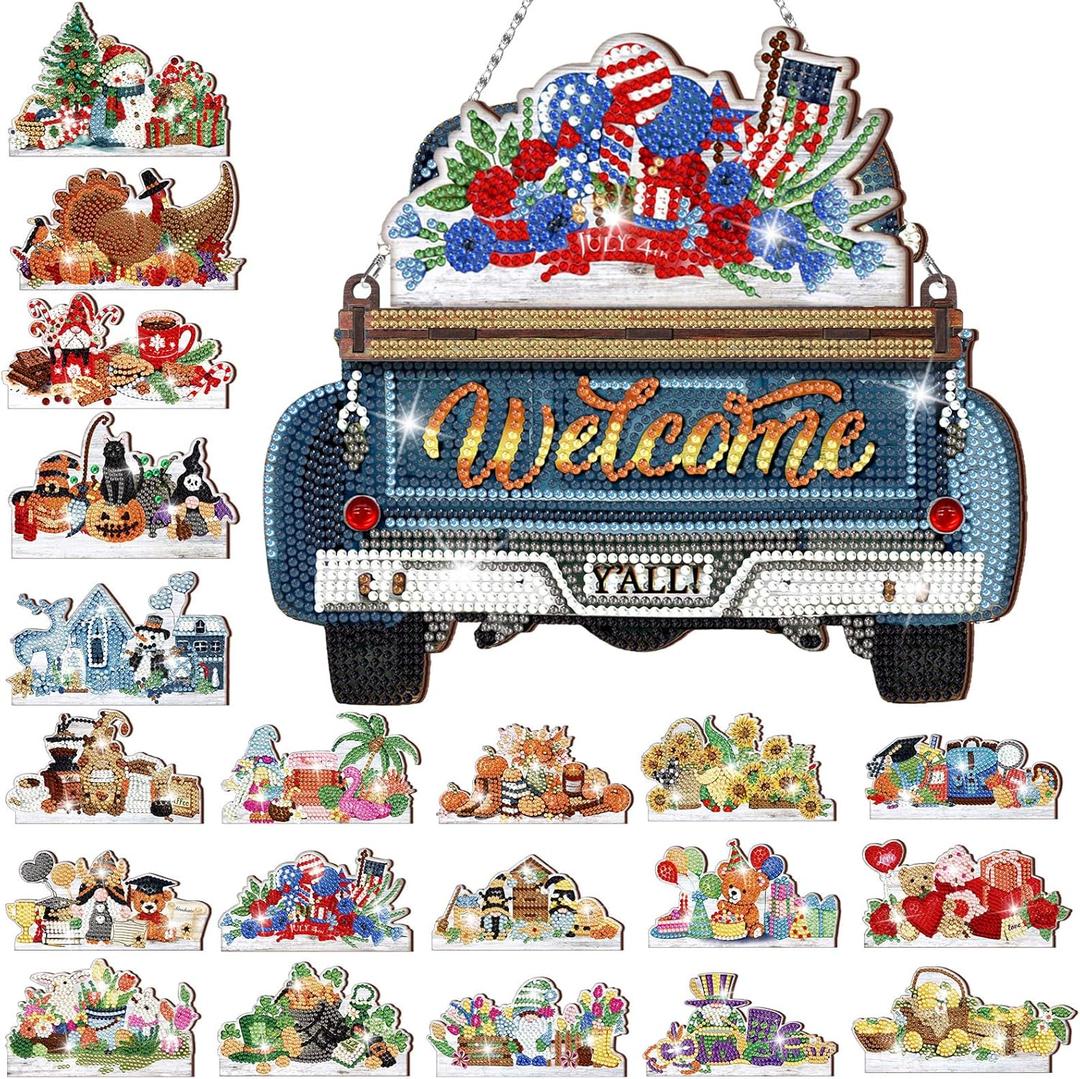 Burbell 21 Pcs Interchangeable Diamond Painting Welcome Sign for 4th of July Front Door Diamond Painting Truck Decor Interchangeable Seasonal Welcome Sign for DIY Wall Window Farmhouse (Blue)