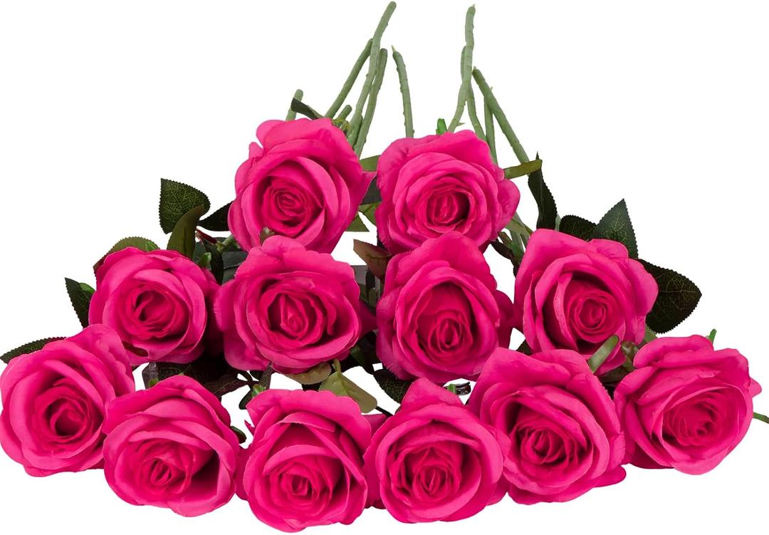 Laelfe 12 PCS Artificial Flowers Hot Pink Roses Silk Flowers Fake Long Stem Artificial Fuchsia Roses for Home Wedding Bathroom Kitchen Decorations (Hot Pink)