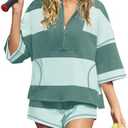 Panadila Women Striped Workout Set Two Piece Outfit Tracksuit Oversized Lounge Set Top and Shorts Sets with Pockets, Size XS