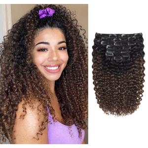Loxxy Curly hair extensions Clip in human hair Natural Black Fading To Chocolate Brown Color For black Women Jerry Curly Clip in Natural Hair Extension Real Virgin Thick Hair(#1B/4,22 Inch,120gram)