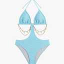 OYOANGLE Women's Chain Linked Cut Out Halter One Piece Swimsuit Tummy Control Bathing Suit, Size S