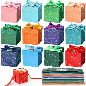 Cholemy 36 Pcs Christmas Gift Boxes with Lids Small Squared Boxes with Ribbon Bow 4x4x4 Inch for Christmas Party Favor Present Packaging Xmas Holiday Gift Wrap, 12 Designs(Cartoon Style)